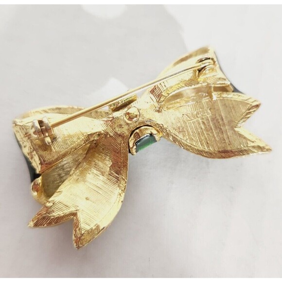 Vintage Brooch Pin Bow Ribbon Enamel Blue Green Gold - Picture 7 of 9